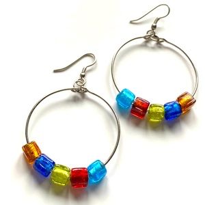 Rainbow pride bead dangle hoop silver earrings
